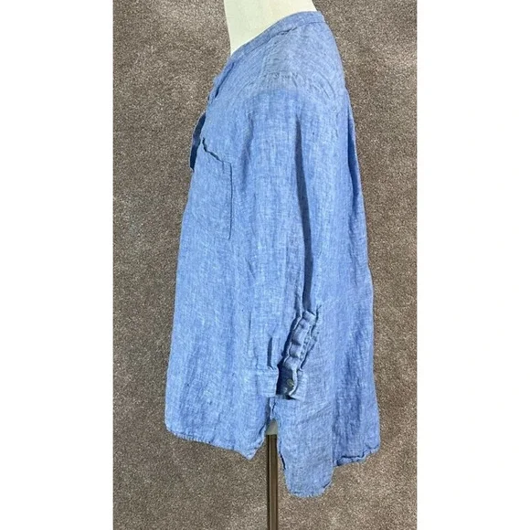 Chicos Top Womens 2 Large 12 Blue Chambray‎ 100% Linen 3/4 Sleeve Pockets Blouse - Picture 6 of 10